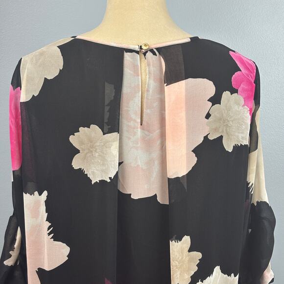Calvin Klein Feminine Dark Floral Drape Blouse Top Roll Tab Sleeves Sheer Medium - Picture 4 of 7